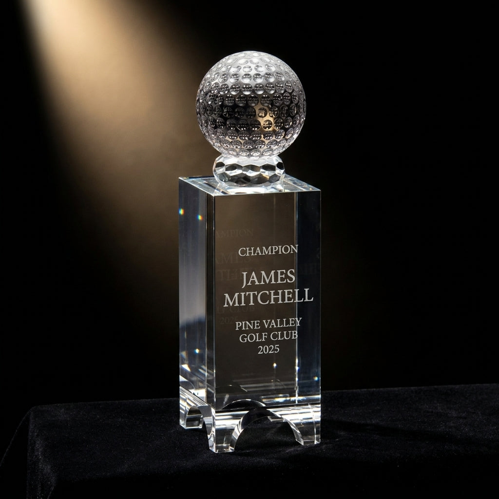 Personalized Crystal Golf Ball Tower Award (Small) — dramatic awards ceremony presentation with warm spotlight on black velvet — view 3