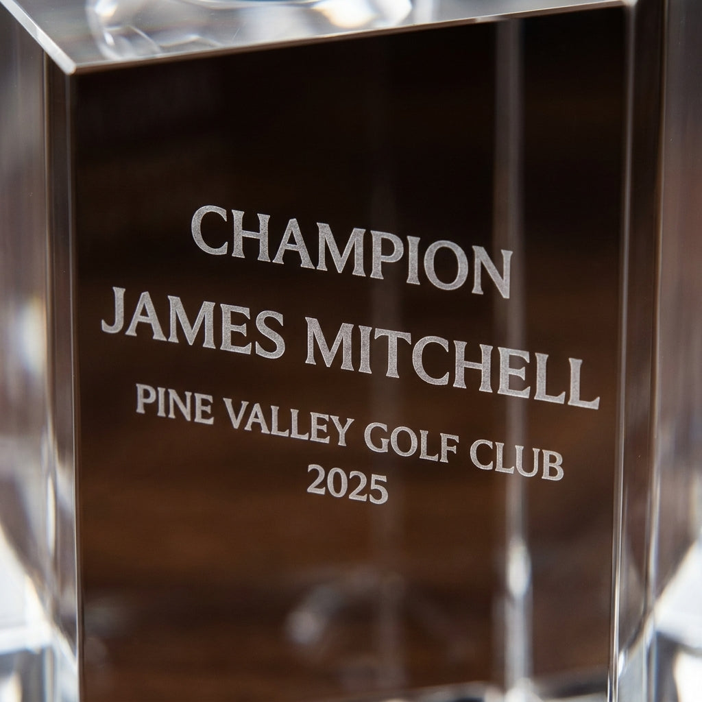 Personalized Crystal Golf Ball Tower Award (Small) — close-up macro of permanent CO2 laser frosted engraving directly on optical crystal — view 4
