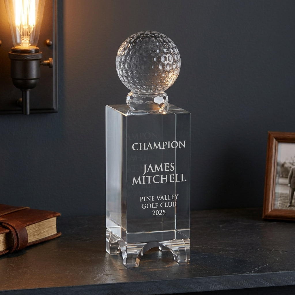 Personalized Crystal Golf Ball Tower Award (Small) — on a dark slate mantelpiece with moody lighting in a library setting — view 5
