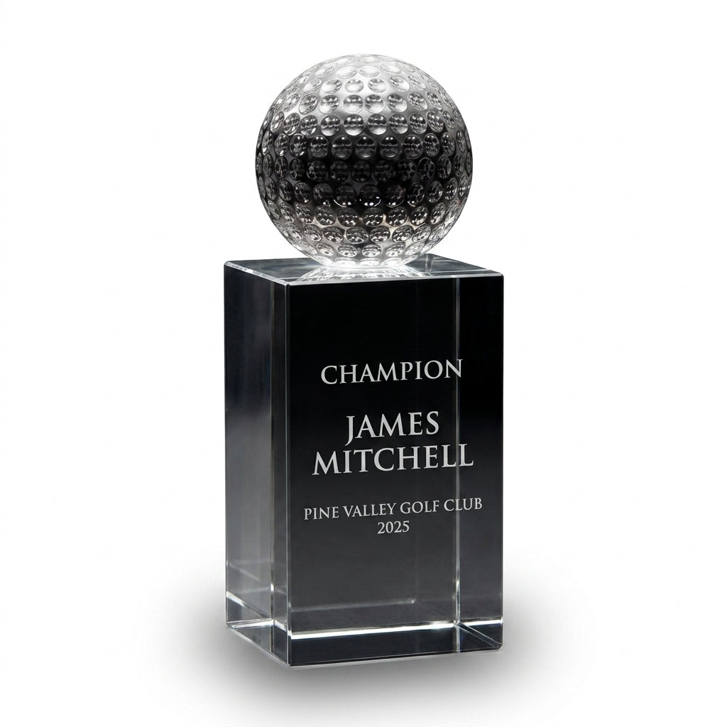 Personalized Crystal Golf Ball Tower Award (Small) — pure white studio backdrop showing crystal detail — view 6