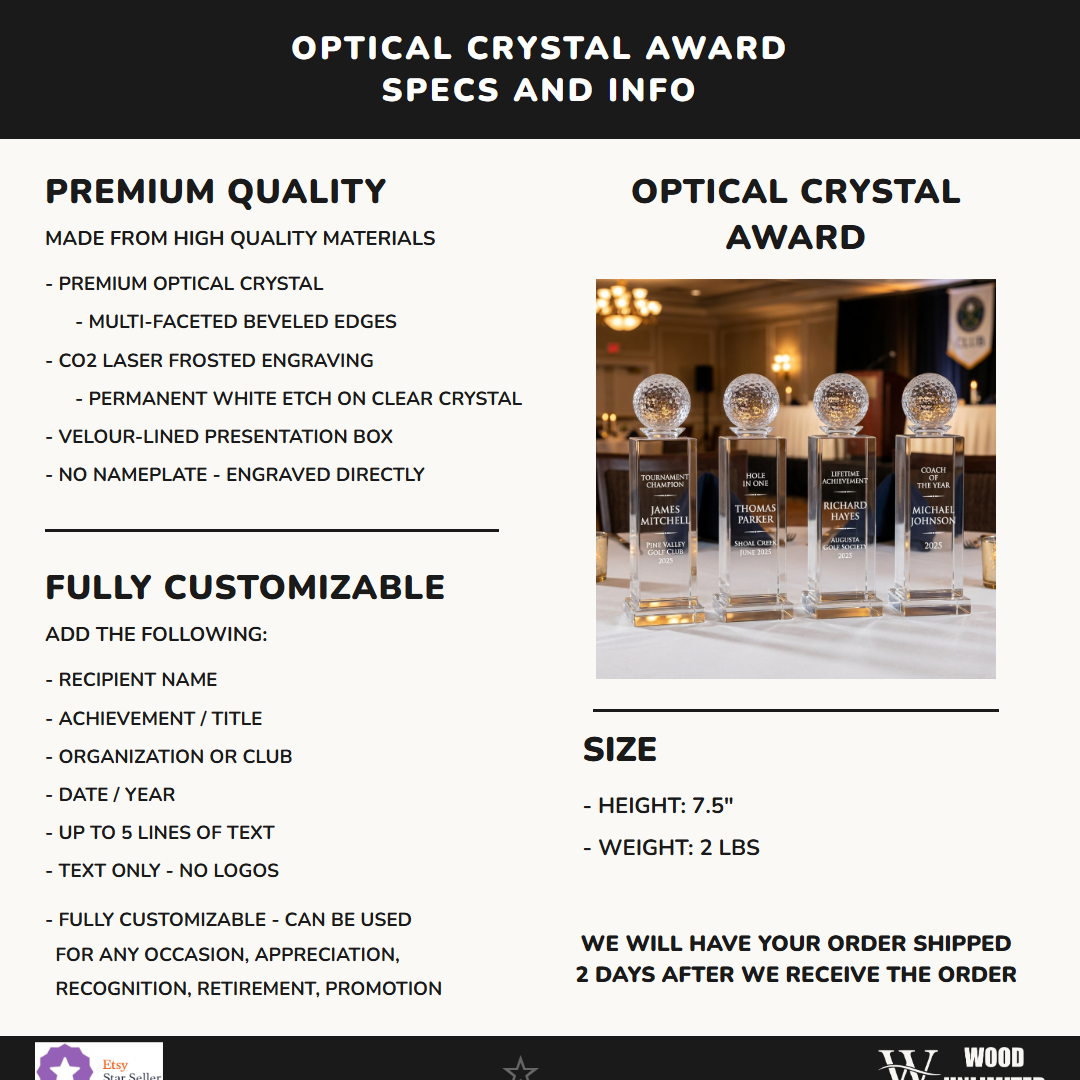 Personalized Crystal Golf Ball Tower Award (Small) Specifications — height, weight, optical crystal material, velour gift box included