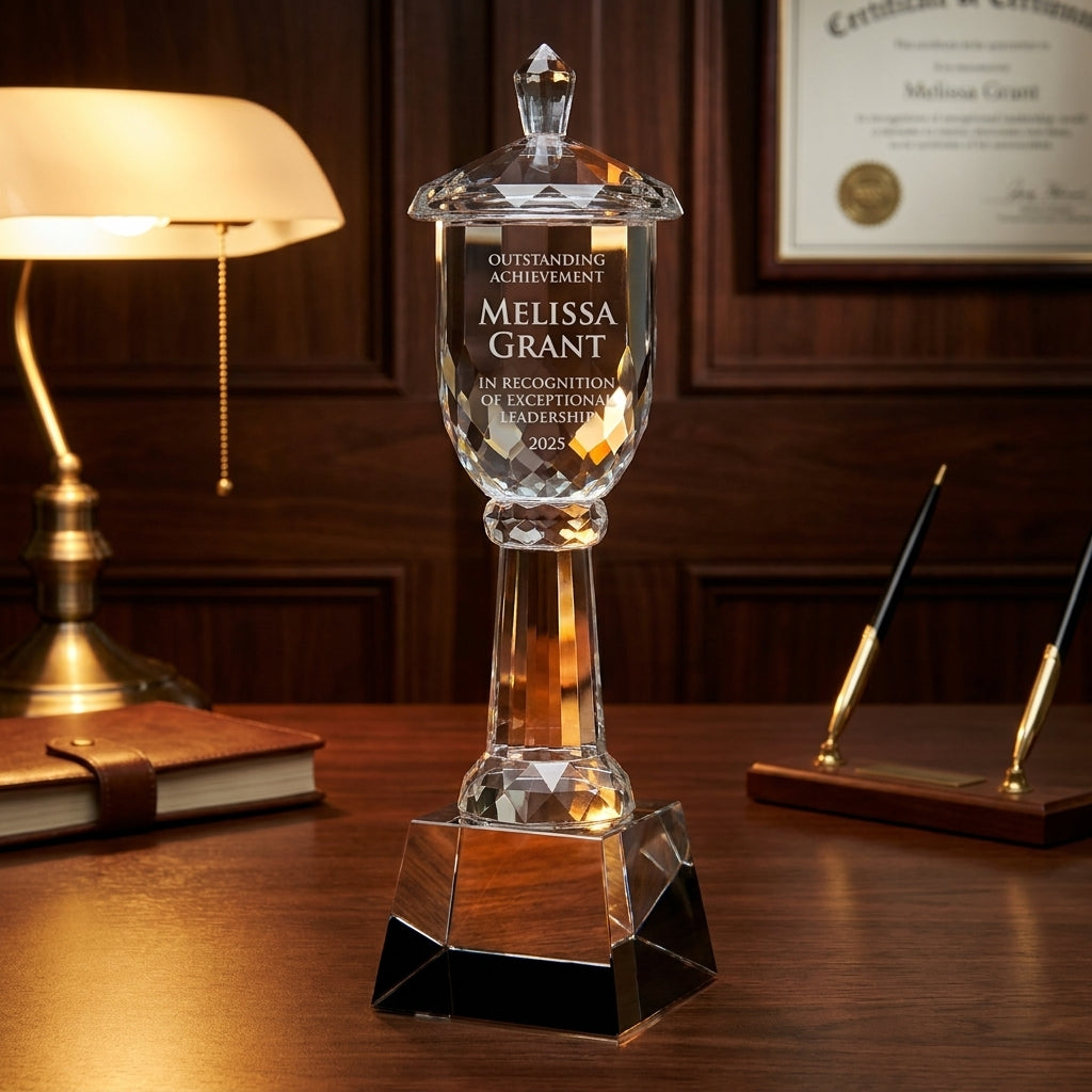Personalized Crystal Trophy Cup On Base - custom laser engraved - view 2
