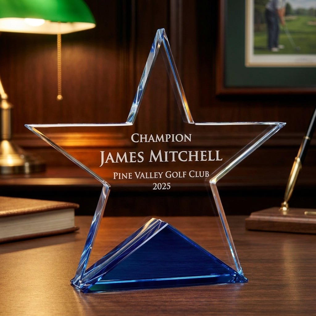 Personalized Elegant Star Crystal Award   Self Standing Blue Bottom  Individually Boxed  Lase - custom laser engraved - view 2