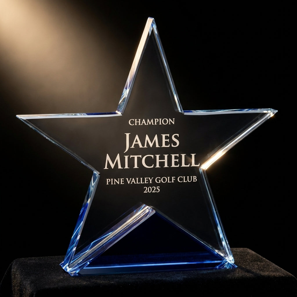 Personalized Elegant Star Crystal Award   Self Standing Blue Bottom  Individually Boxed  Lase - custom laser engraved - view 3