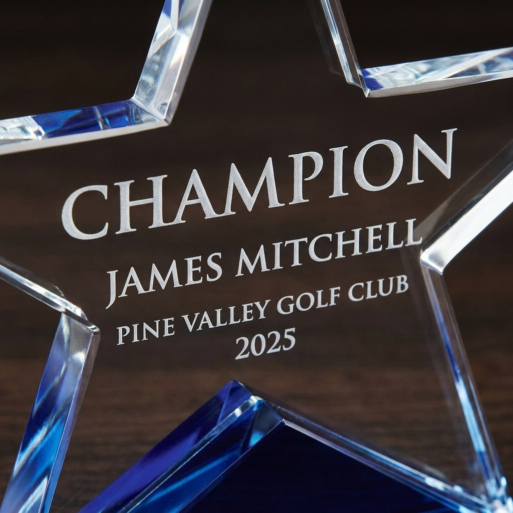 Personalized Elegant Star Crystal Award   Self Standing Blue Bottom  Individually Boxed  Lase - custom laser engraved - view 4