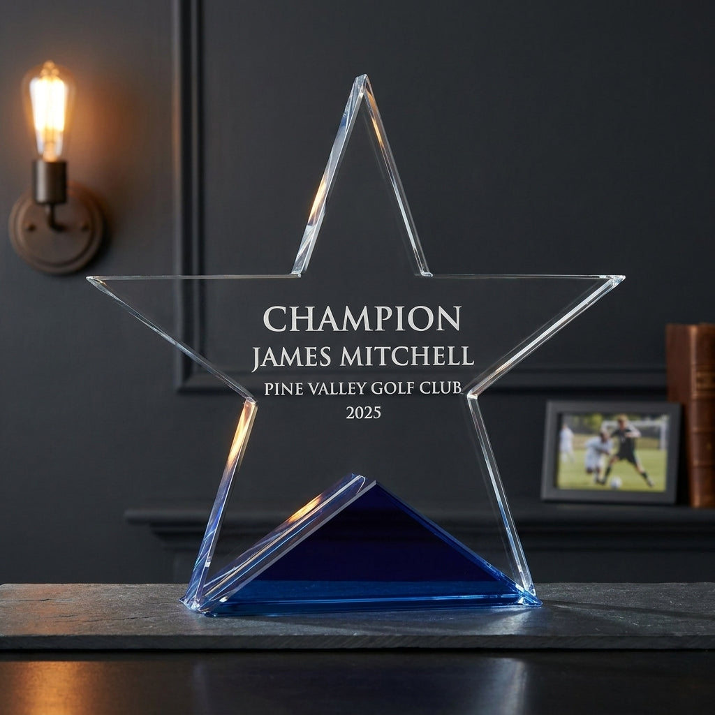 Personalized Elegant Star Crystal Award   Self Standing Blue Bottom  Individually Boxed  Lase - custom laser engraved - view 5