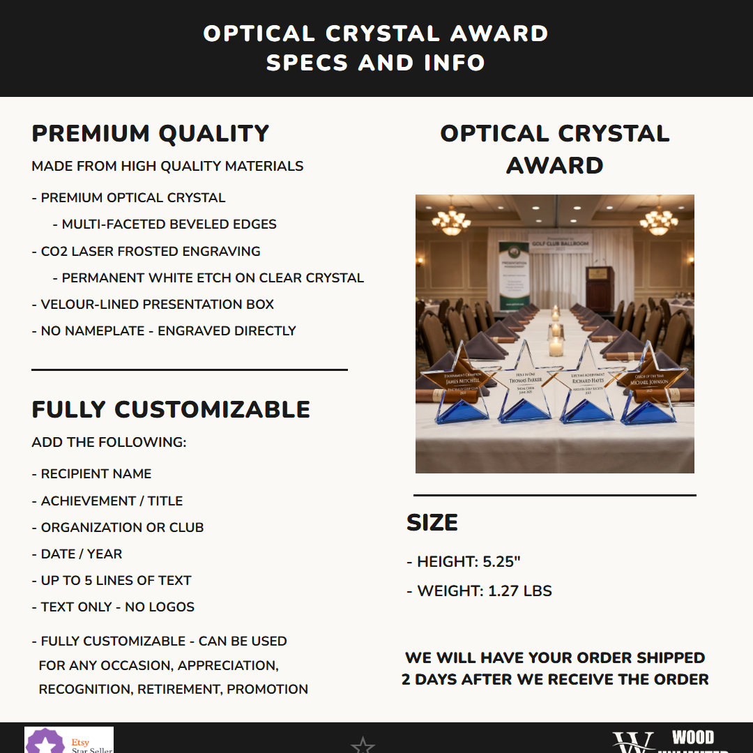 Personalized Elegant Star Crystal Award   Self Standing Blue Bottom  Individually Boxed  Lase Specifications - dimensions, materials, features