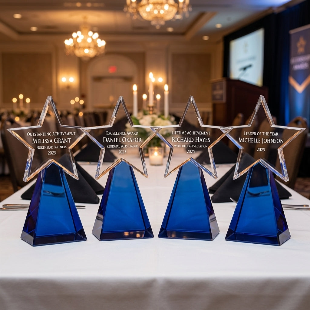 Personalized Elegant Star Crystal Award   Self Standing  Blue Bottom Individually Boxed  Lase - custom laser engraved - view 1