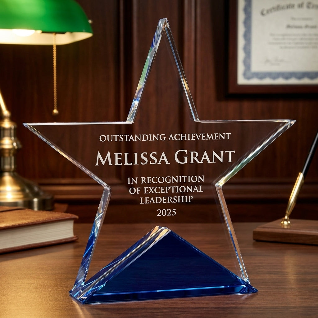 Personalized Elegant Star Crystal Award   Self Standing  Blue Bottom Individually Boxed  Lase - custom laser engraved - view 2
