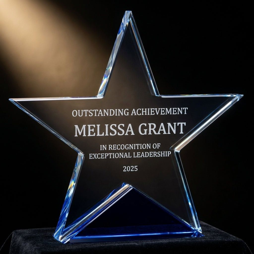 Personalized Elegant Star Crystal Award   Self Standing  Blue Bottom Individually Boxed  Lase - custom laser engraved - view 3