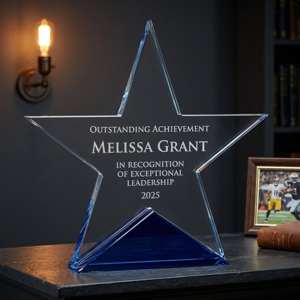 Personalized Elegant Star Crystal Award   Self Standing  Blue Bottom Individually Boxed  Lase - custom laser engraved - view 5