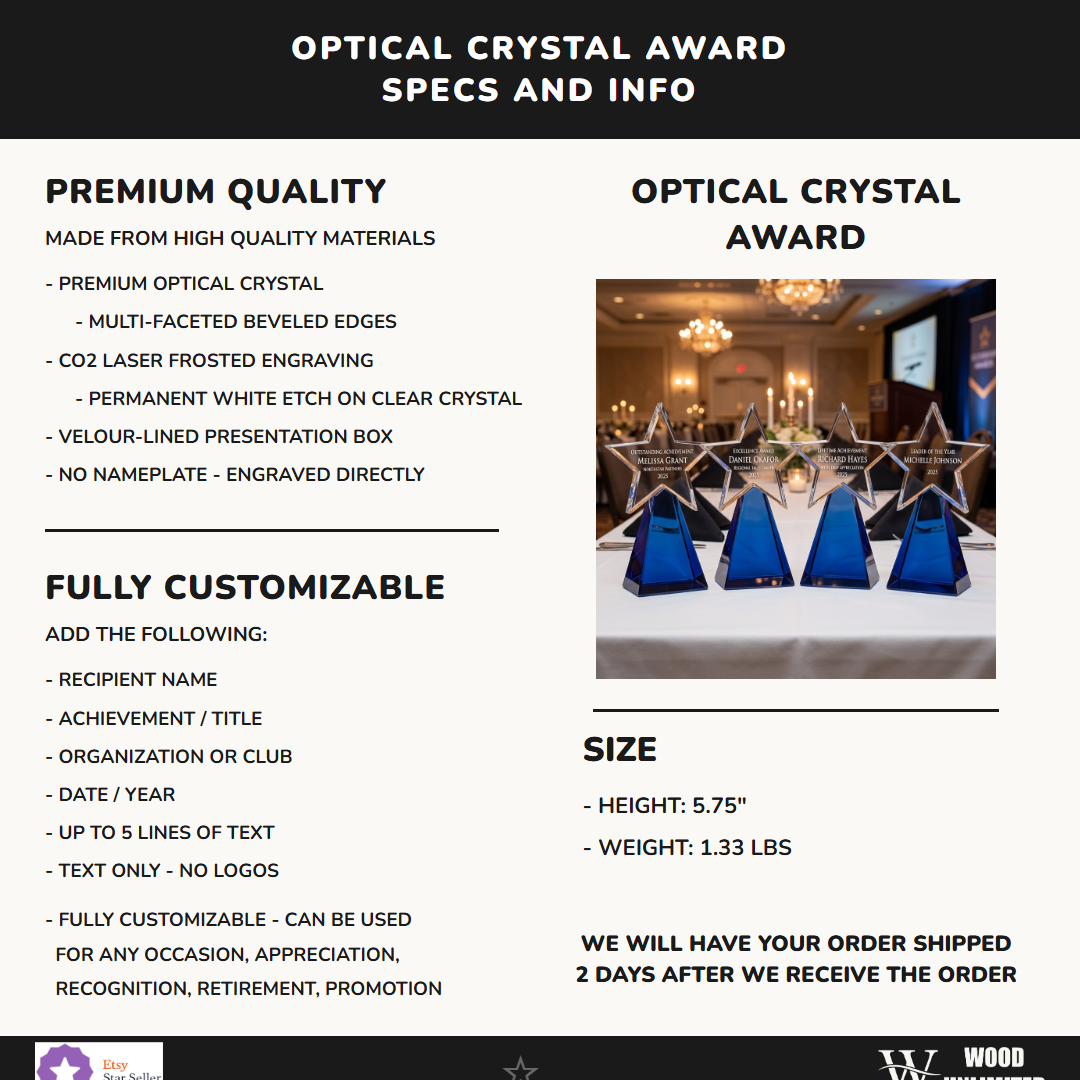 Personalized Elegant Star Crystal Award   Self Standing  Blue Bottom Individually Boxed  Lase Specifications - dimensions, materials, features