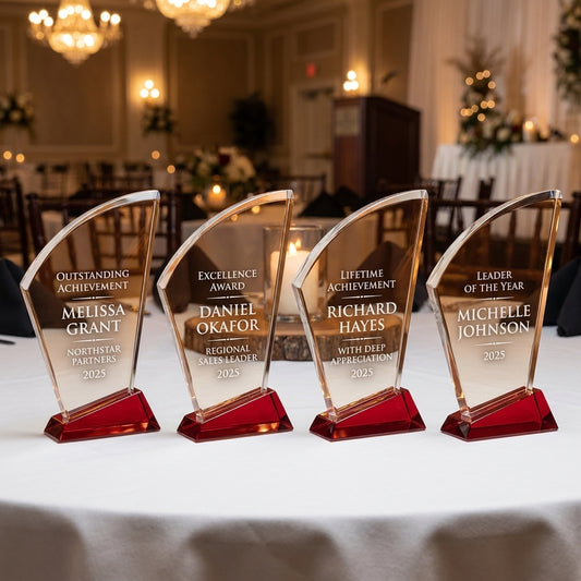 Personalized Elegant Ruby Double Arc Fan Glass Award  Individually Boxed  Laserable  ( Not Su - custom laser engraved - view 1