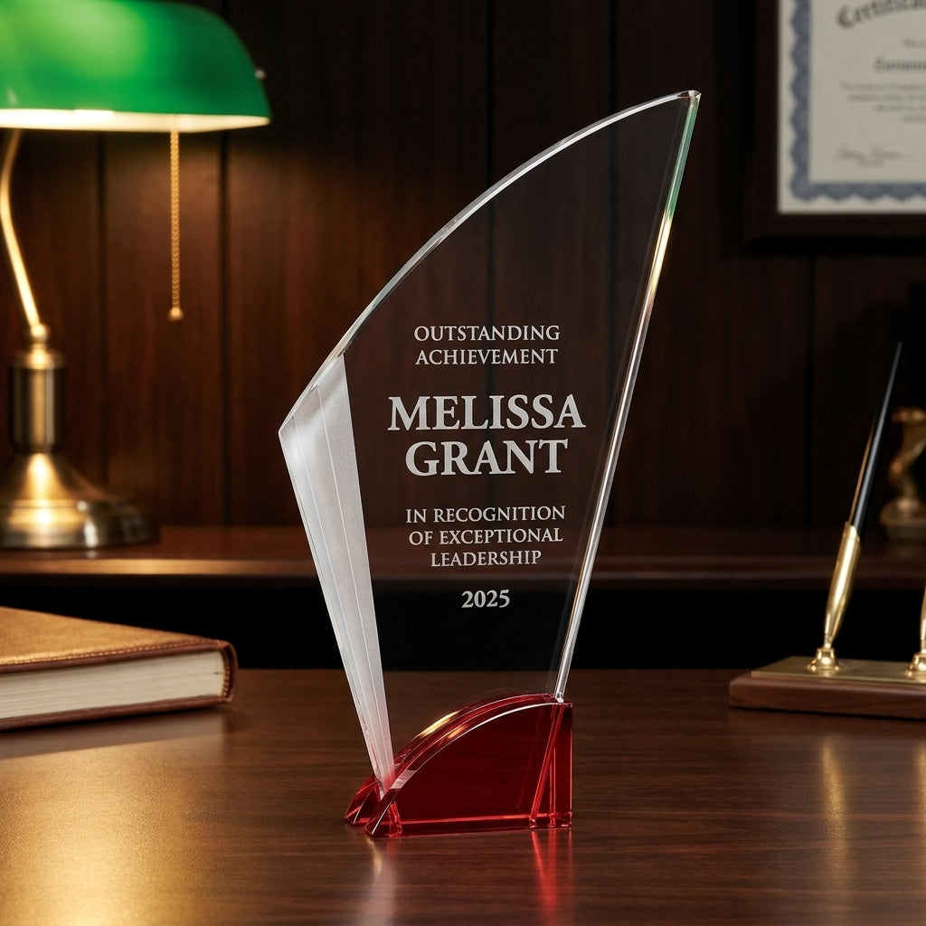 Personalized Elegant Ruby Double Arc Fan Glass Award  Individually Boxed  Laserable  ( Not Su - custom laser engraved - view 2