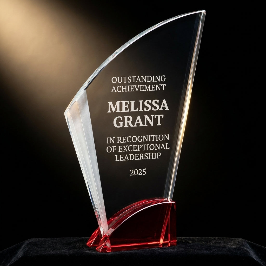 Personalized Elegant Ruby Double Arc Fan Glass Award  Individually Boxed  Laserable  ( Not Su - custom laser engraved - view 3