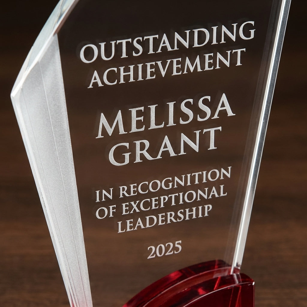 Personalized Elegant Ruby Double Arc Fan Glass Award  Individually Boxed  Laserable  ( Not Su - custom laser engraved - view 4