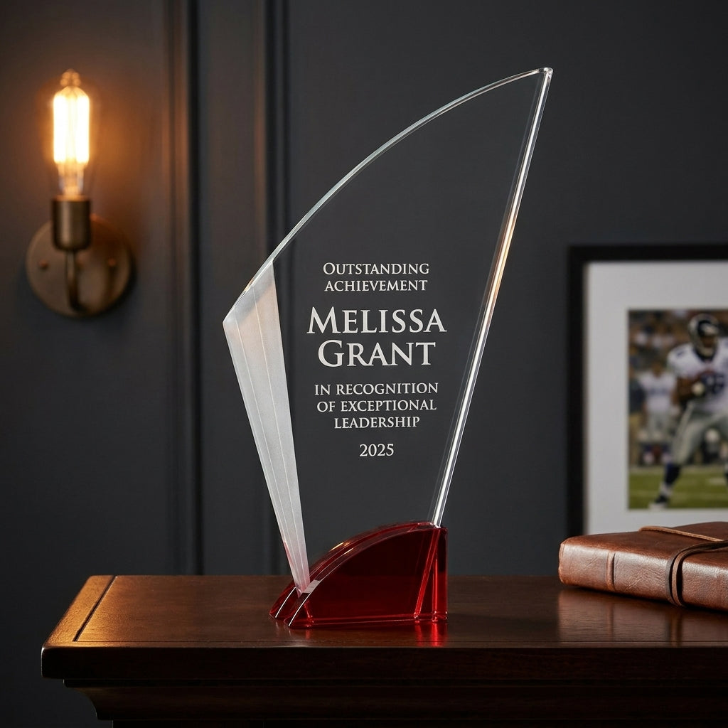 Personalized Elegant Ruby Double Arc Fan Glass Award  Individually Boxed  Laserable  ( Not Su - custom laser engraved - view 5
