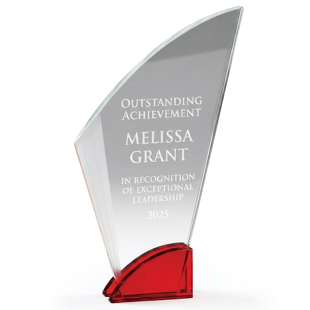 Personalized Elegant Ruby Double Arc Fan Glass Award  Individually Boxed  Laserable  ( Not Su - custom laser engraved - view 6