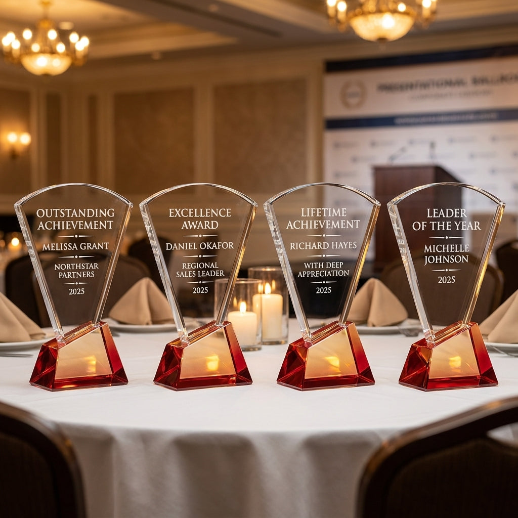 Personalized Elegant Ruby Double Arc Fan Glass Award  Individually Boxed  Laserable  ( Not Su - custom laser engraved - view 1