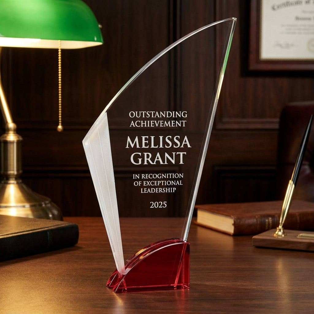 Personalized Elegant Ruby Double Arc Fan Glass Award  Individually Boxed  Laserable  ( Not Su - custom laser engraved - view 2