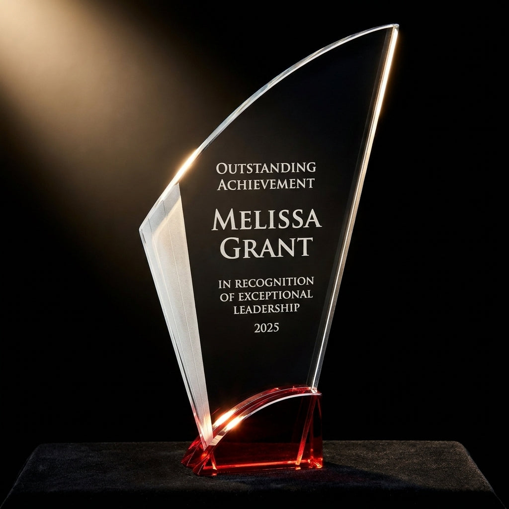 Personalized Elegant Ruby Double Arc Fan Glass Award  Individually Boxed  Laserable  ( Not Su - custom laser engraved - view 3