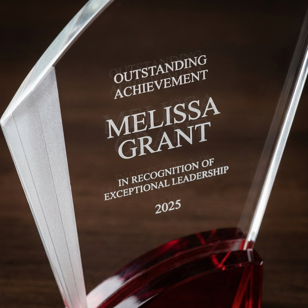 Personalized Elegant Ruby Double Arc Fan Glass Award  Individually Boxed  Laserable  ( Not Su - custom laser engraved - view 4