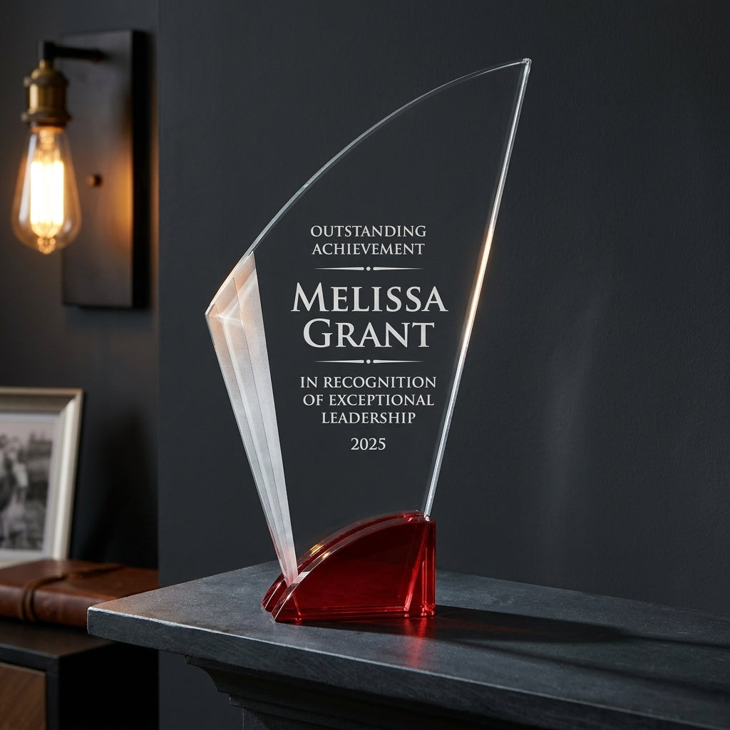 Personalized Elegant Ruby Double Arc Fan Glass Award  Individually Boxed  Laserable  ( Not Su - custom laser engraved - view 5