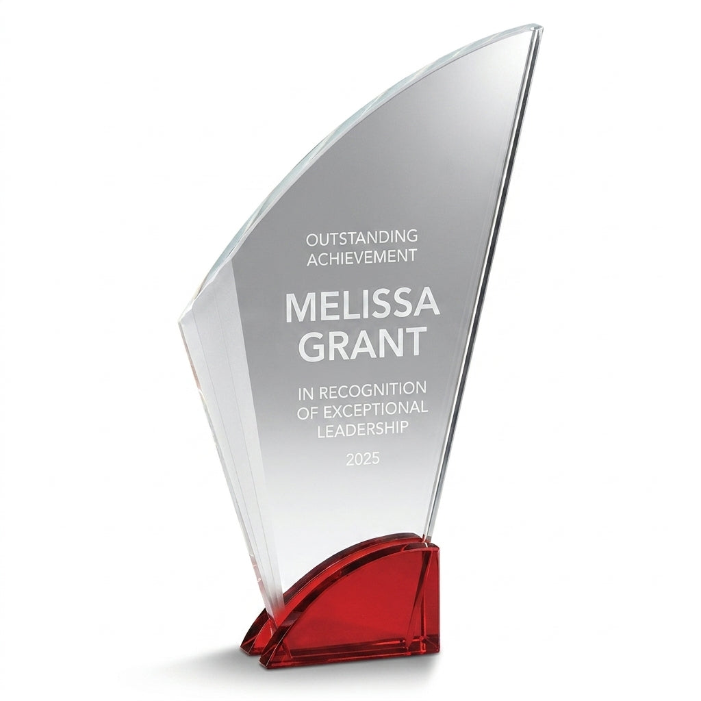 Personalized Elegant Ruby Double Arc Fan Glass Award  Individually Boxed  Laserable  ( Not Su - custom laser engraved - view 6