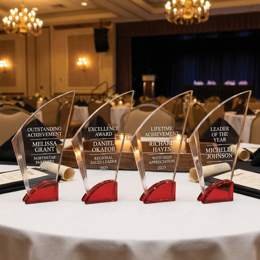 Personalized Elegant Ruby Double Arc Fan Glass Award  Individually Boxed   Laserable  ( Not S - custom laser engraved - view 1