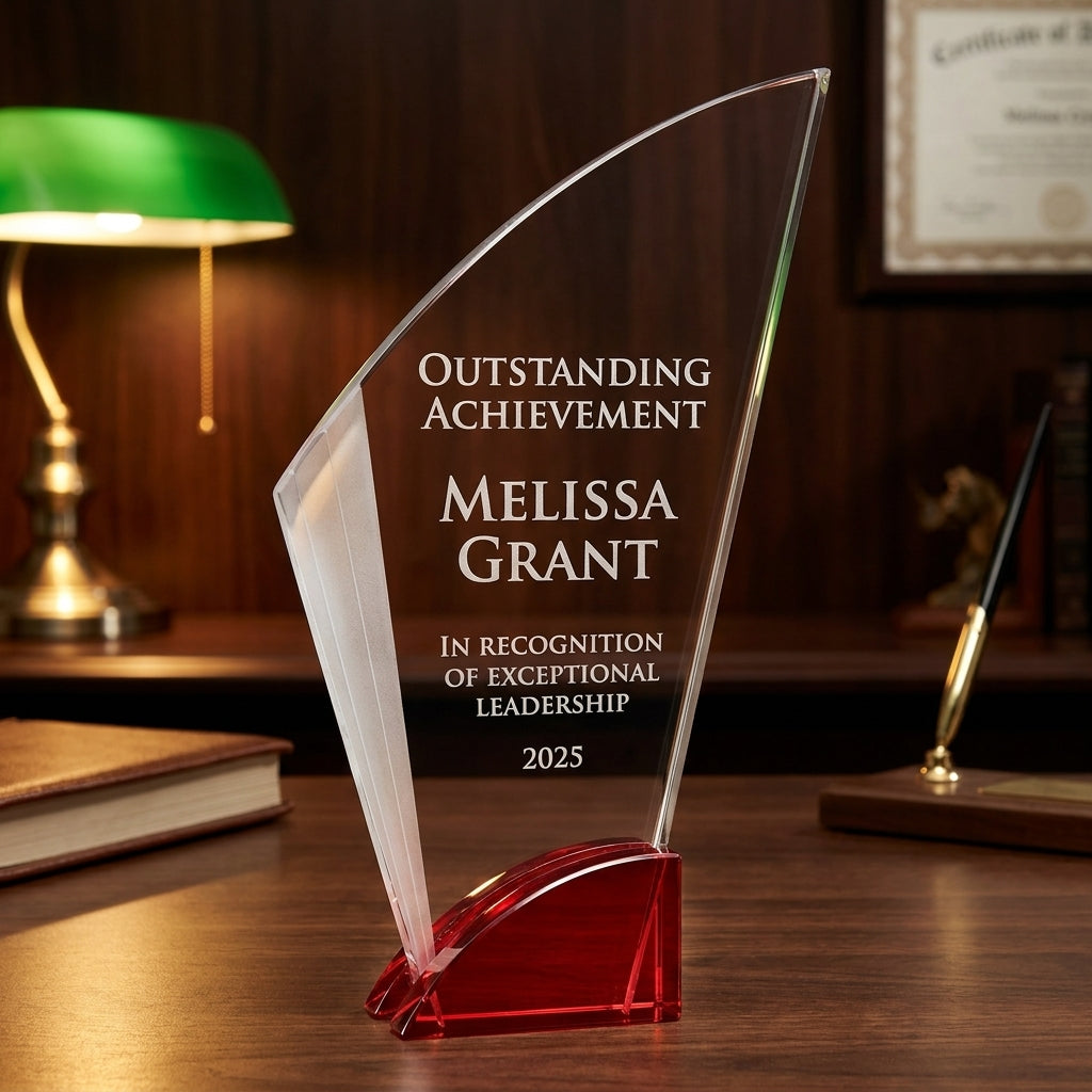 Personalized Elegant Ruby Double Arc Fan Glass Award  Individually Boxed   Laserable  ( Not S - custom laser engraved - view 2