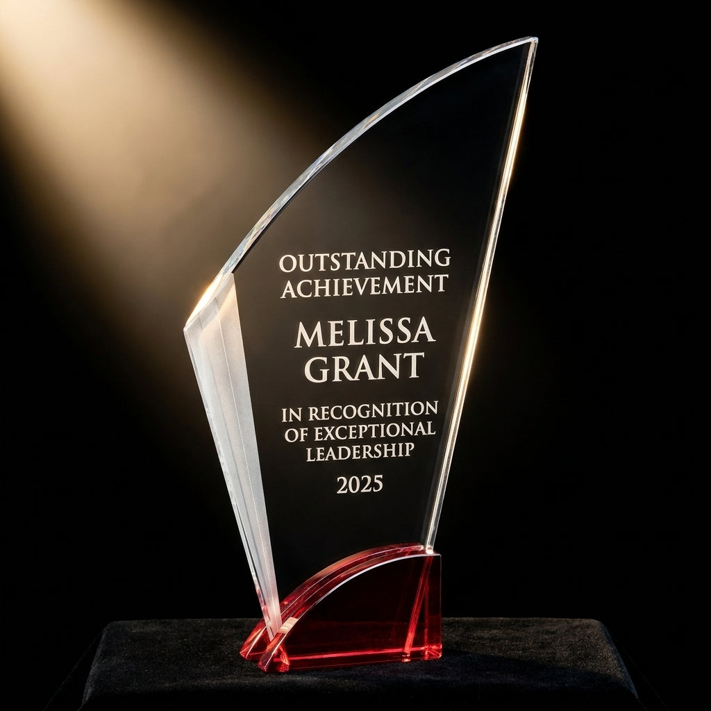 Personalized Elegant Ruby Double Arc Fan Glass Award  Individually Boxed   Laserable  ( Not S - custom laser engraved - view 3