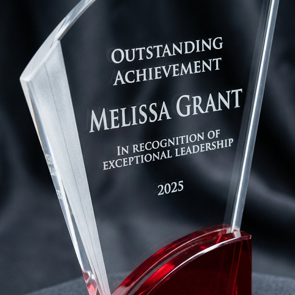 Personalized Elegant Ruby Double Arc Fan Glass Award  Individually Boxed   Laserable  ( Not S - custom laser engraved - view 4