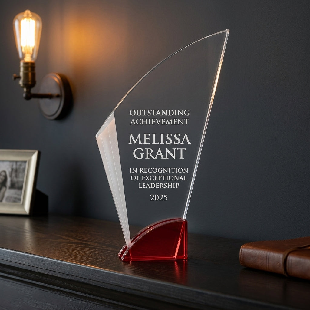 Personalized Elegant Ruby Double Arc Fan Glass Award  Individually Boxed   Laserable  ( Not S - custom laser engraved - view 5