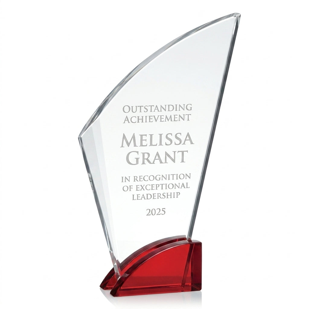 Personalized Elegant Ruby Double Arc Fan Glass Award  Individually Boxed   Laserable  ( Not S - custom laser engraved - view 6