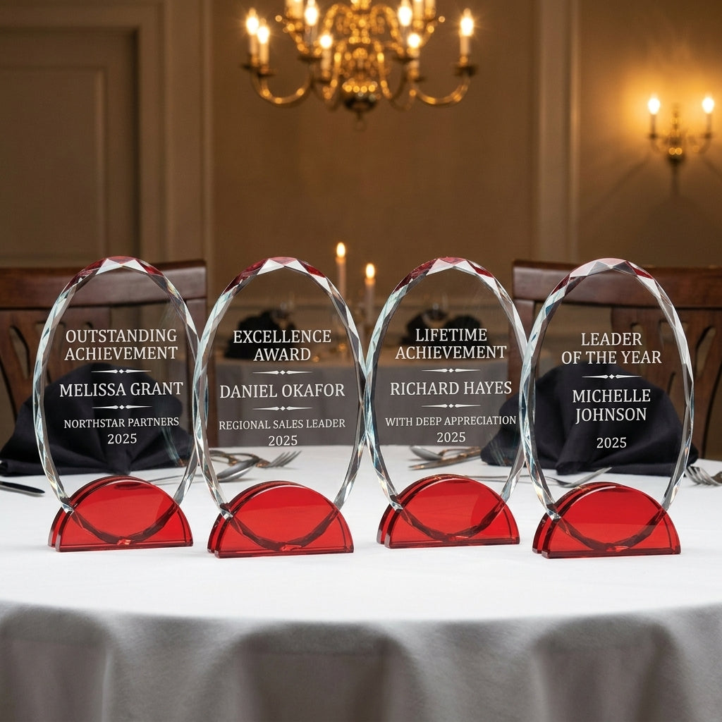 Personalized Elegant Double Arc Faceted Oval Ruby Glass Award Individually Boxed  Laserable   - custom laser engraved - view 1