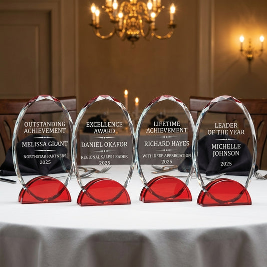 Personalized Elegant Double Arc Faceted Oval Ruby Glass Award Individually Boxed  Laserable   - custom laser engraved - view 1