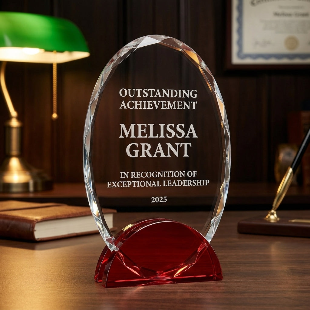Personalized Elegant Double Arc Faceted Oval Ruby Glass Award Individually Boxed  Laserable   - custom laser engraved - view 2