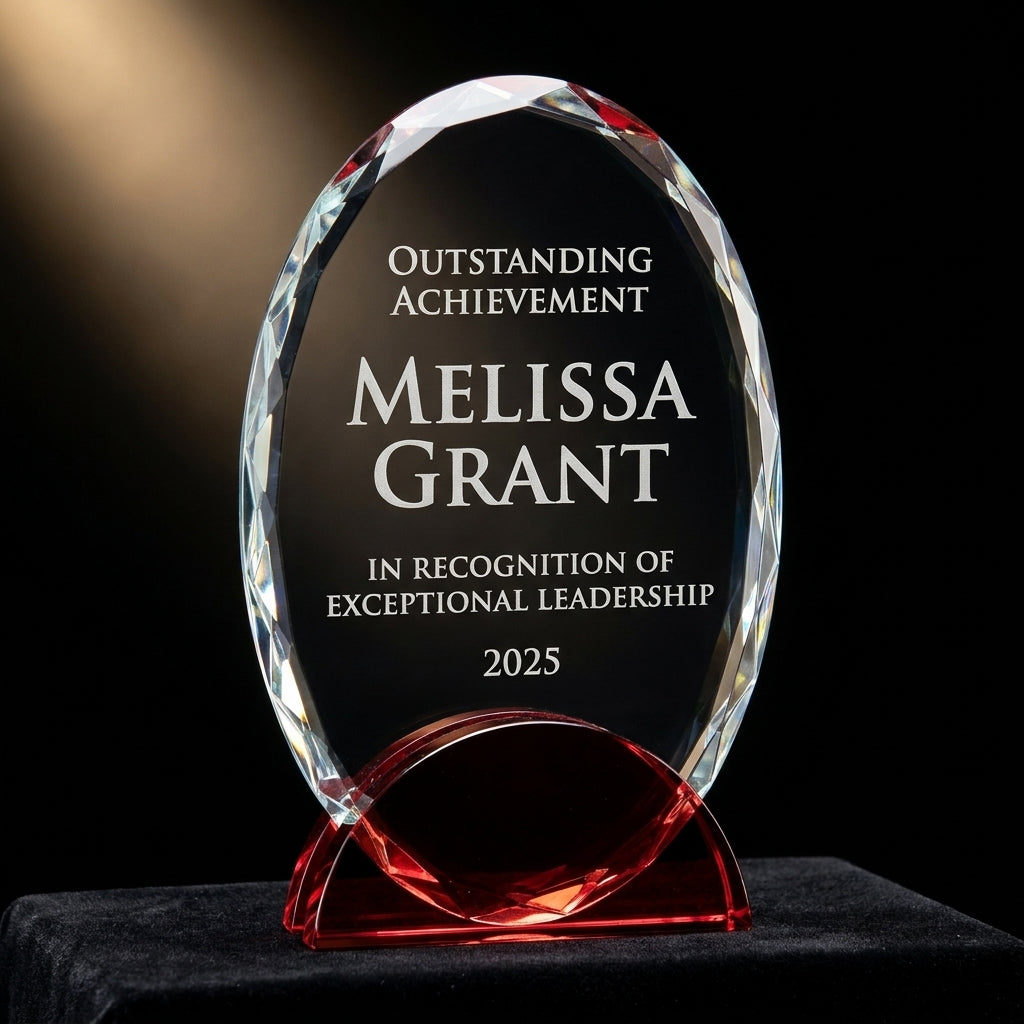 Personalized Elegant Double Arc Faceted Oval Ruby Glass Award Individually Boxed  Laserable   - custom laser engraved - view 3