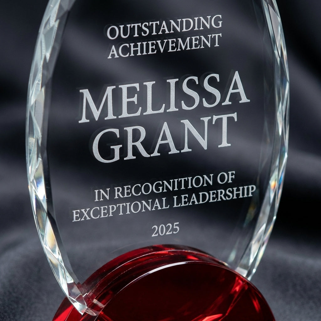 Personalized Elegant Double Arc Faceted Oval Ruby Glass Award Individually Boxed  Laserable   - custom laser engraved - view 4
