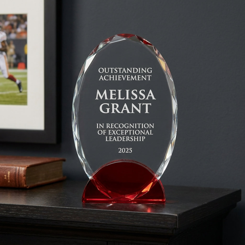 Personalized Elegant Double Arc Faceted Oval Ruby Glass Award Individually Boxed  Laserable   - custom laser engraved - view 5