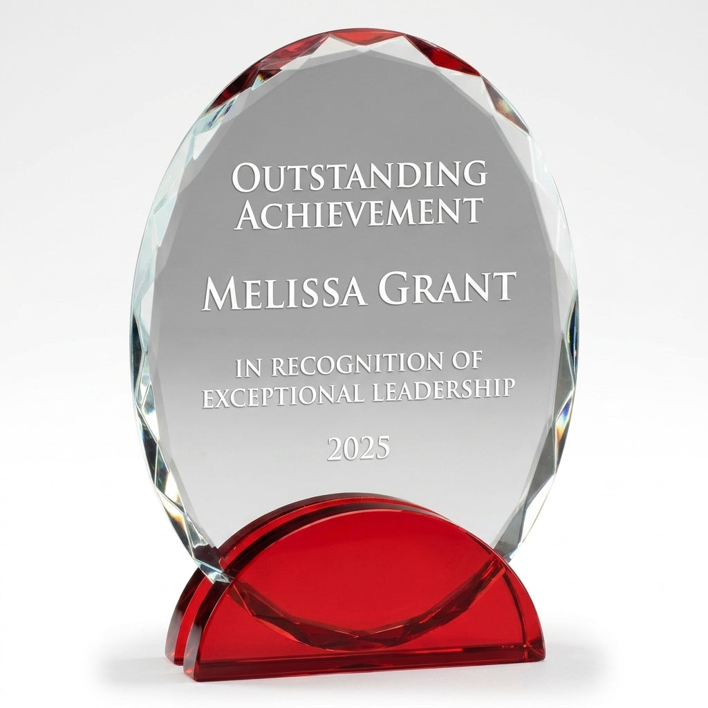 Personalized Elegant Double Arc Faceted Oval Ruby Glass Award Individually Boxed  Laserable   - custom laser engraved - view 6