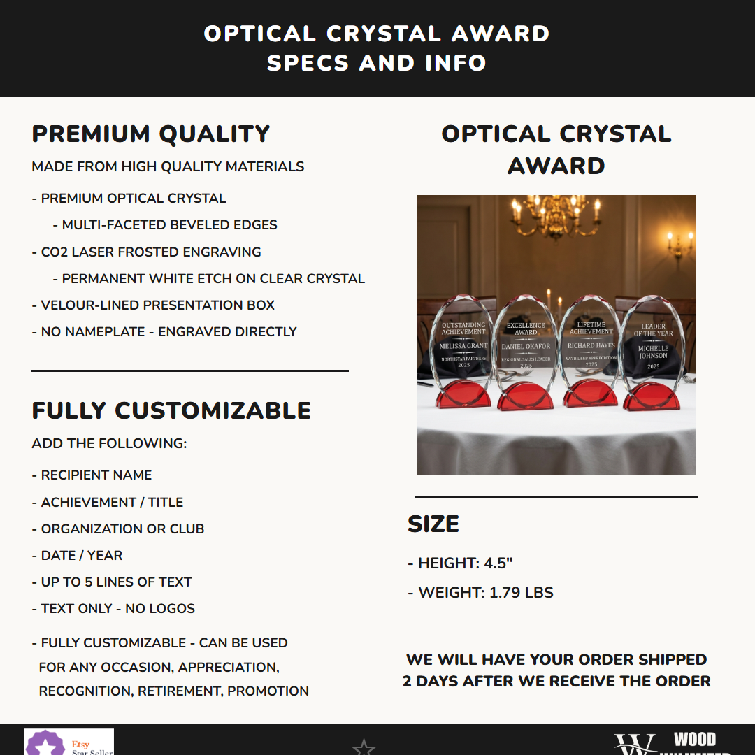 Personalized Elegant Double Arc Faceted Oval Ruby Glass Award Individually Boxed  Laserable   Specifications - dimensions, materials, features
