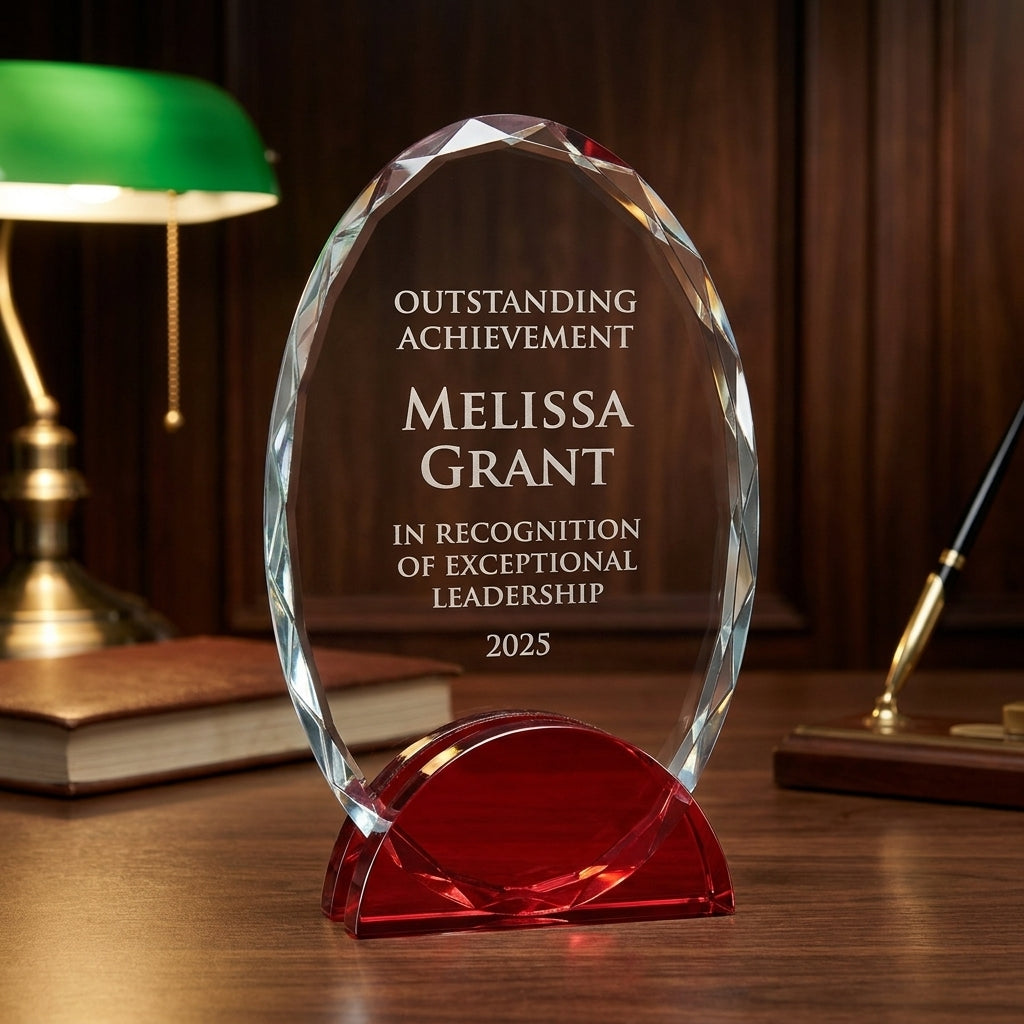 Personalized Elegant Double Arc Faceted Oval Ruby Glass Award Individually Boxed  Laserable   - custom laser engraved - view 2