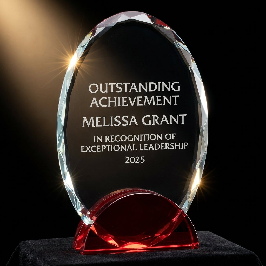 Personalized Elegant Double Arc Faceted Oval Ruby Glass Award Individually Boxed  Laserable   - custom laser engraved - view 3