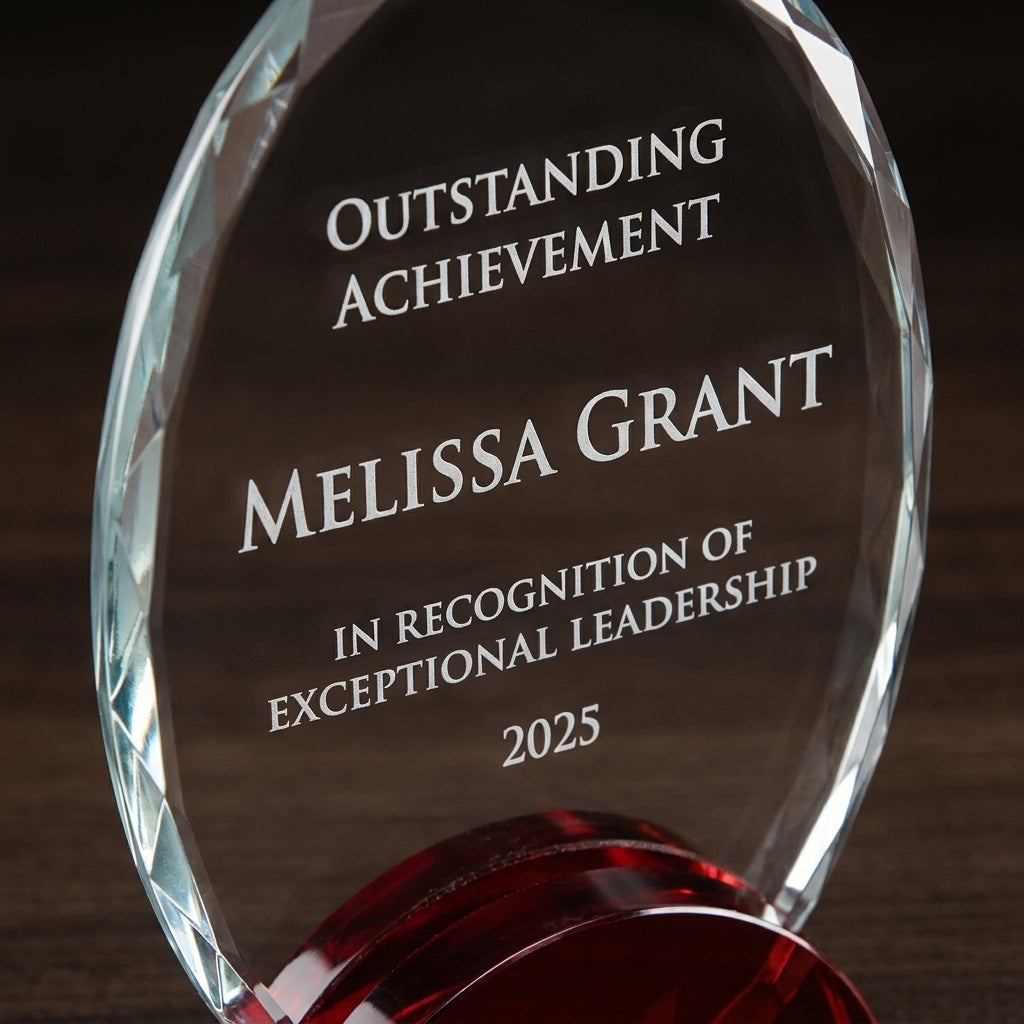 Personalized Elegant Double Arc Faceted Oval Ruby Glass Award Individually Boxed  Laserable   - custom laser engraved - view 4