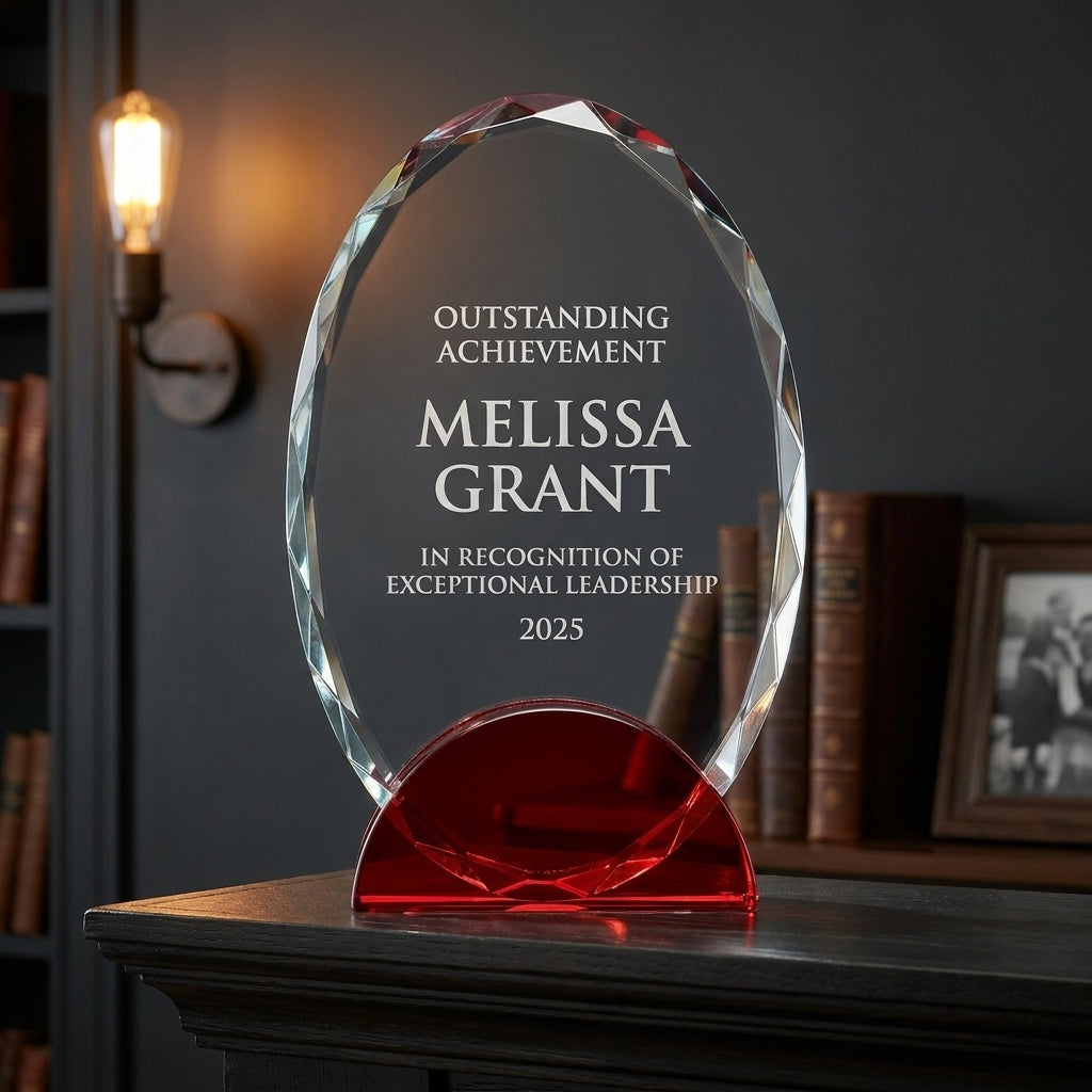 Personalized Elegant Double Arc Faceted Oval Ruby Glass Award Individually Boxed  Laserable   - custom laser engraved - view 5