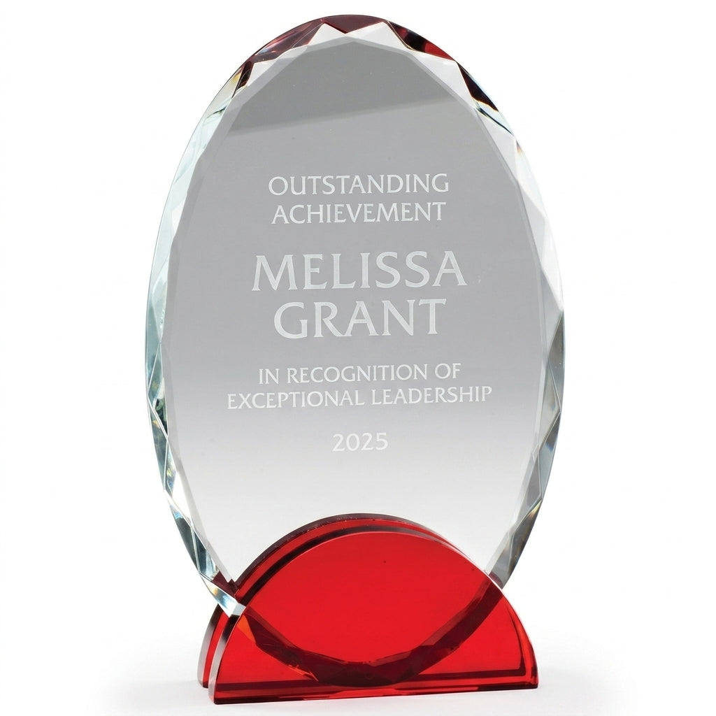 Personalized Elegant Double Arc Faceted Oval Ruby Glass Award Individually Boxed  Laserable   - custom laser engraved - view 6