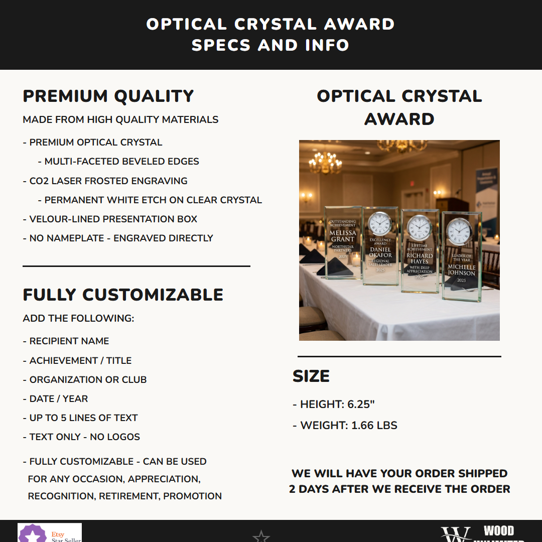 Personalized Elegant Crystal Perpetual Glass Desk Award Individually Boxed  Laserable Specifications - dimensions, materials, features