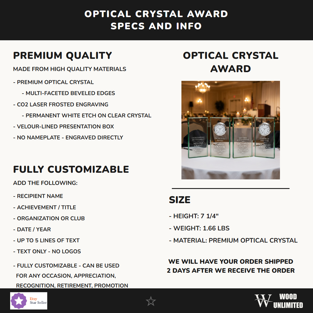 Personalized Elegant Crystal Perpetual Glass Desk Award Individually Boxed  Laserable Specifications - dimensions, materials, features