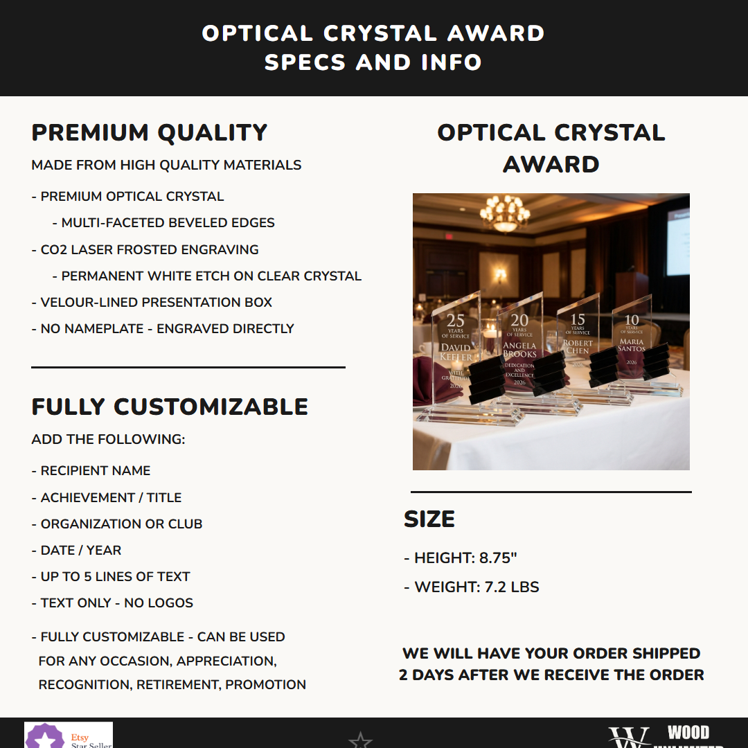 Personalized Crystal Perpetual Award Specifications - dimensions, materials, features